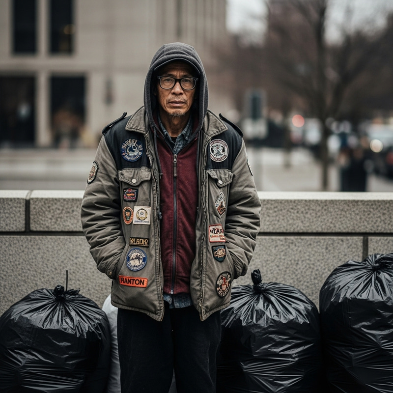Wealthy Homeless Person in Glasses by Trash Bags Wealthy Homeless Person in Glasses by Trash Bags
