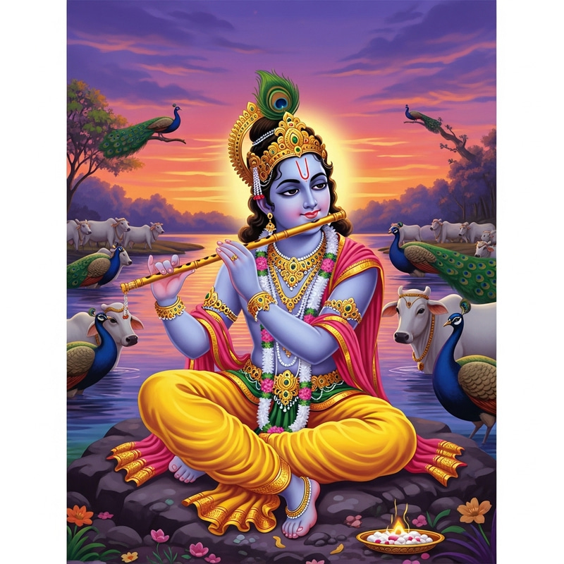 Srikrishnudu at Riverside: Artistic Flute Player in Twilight Scene