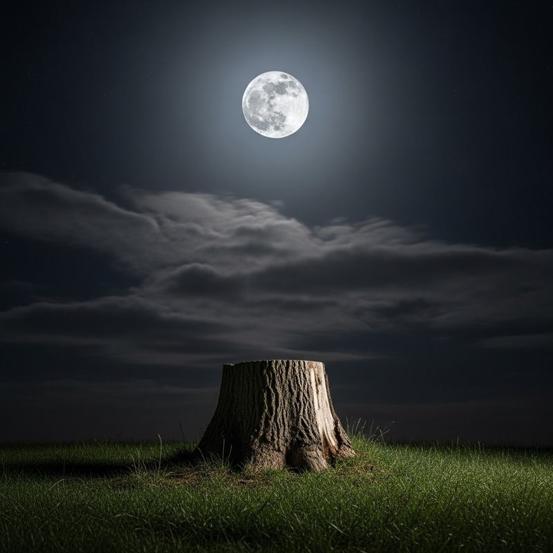 Enchanting Moonlit Scene with Tree Stump and Grass