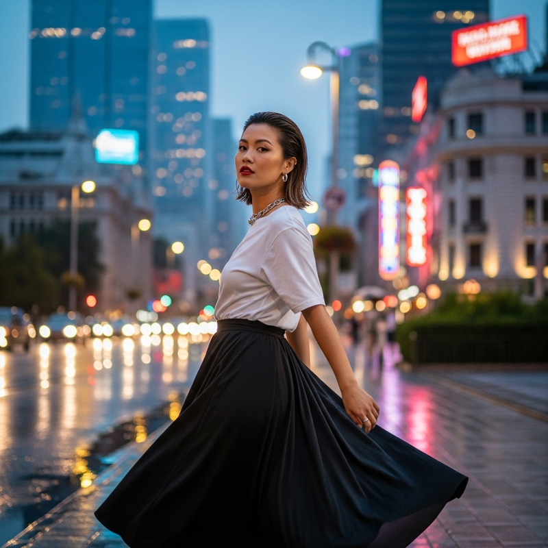 Sleek Asian Woman in Skirt with Wet-Look Hair | Urban Style Sleek Asian Woman in Skirt with Wet-Look Hair | Urban Style