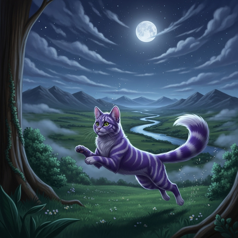 Majestic Purple Cat in Enchanted Night Forest Majestic Purple Cat in Enchanted Night Forest