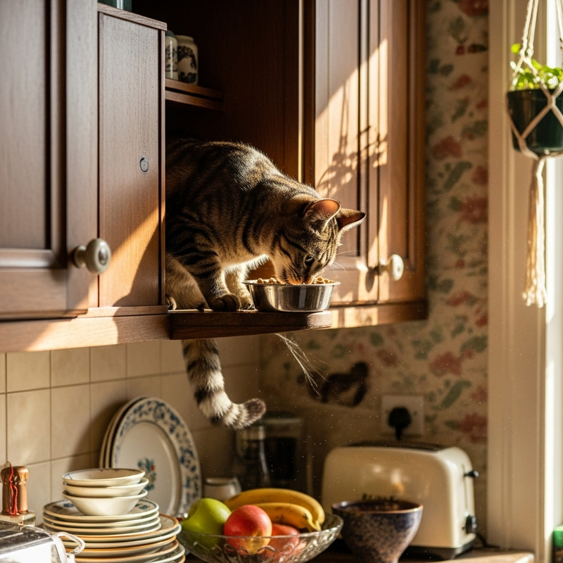 Cat Eating on Cabinet - Delightful Pets Treats Cat Eating on Cabinet - Delightful Pets Treats
