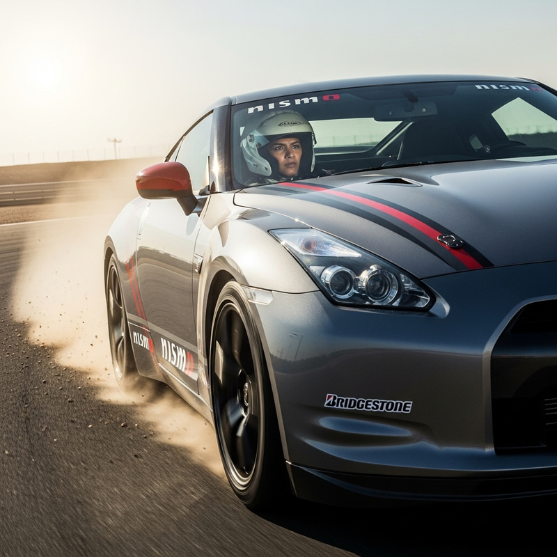 Sleek Steel-Grey Nissan Racing Car with Racer Driver Sleek Steel-Grey Nissan Racing Car with Racer Driver