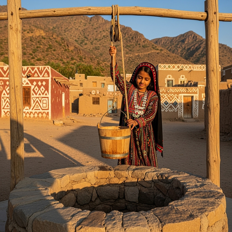 Saudi Girl Collecting Water from Traditional Well in Asir Region
