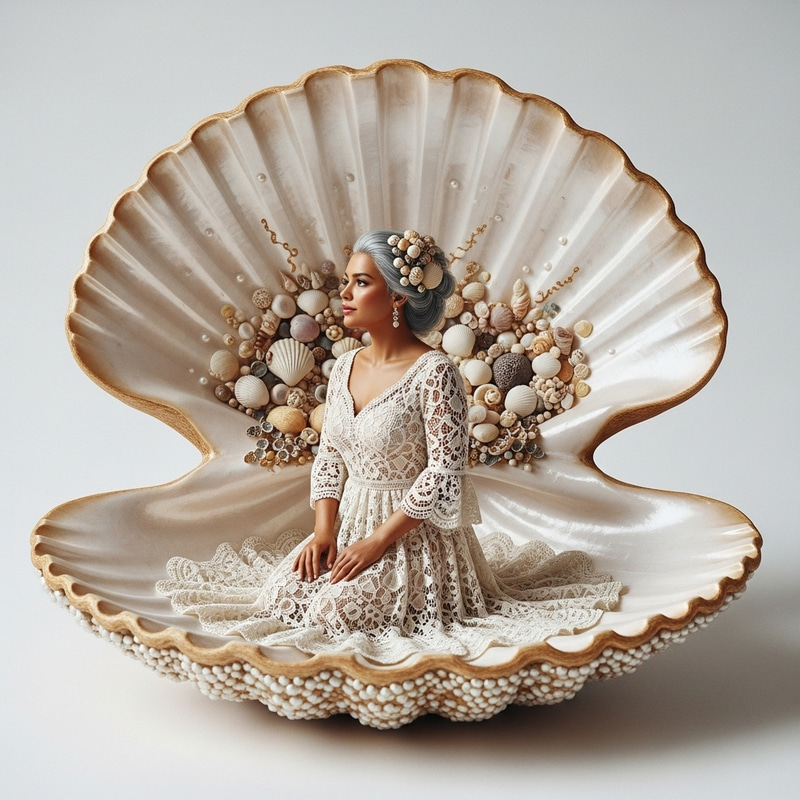 Elegant Sea Shell Art with Silver-Haired Beauty Elegant Sea Shell Art with Silver-Haired Beauty