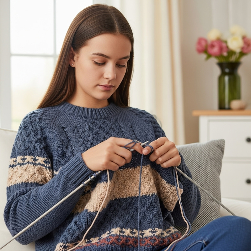 Caucasian Girl Knitting Cable Aran Jumper