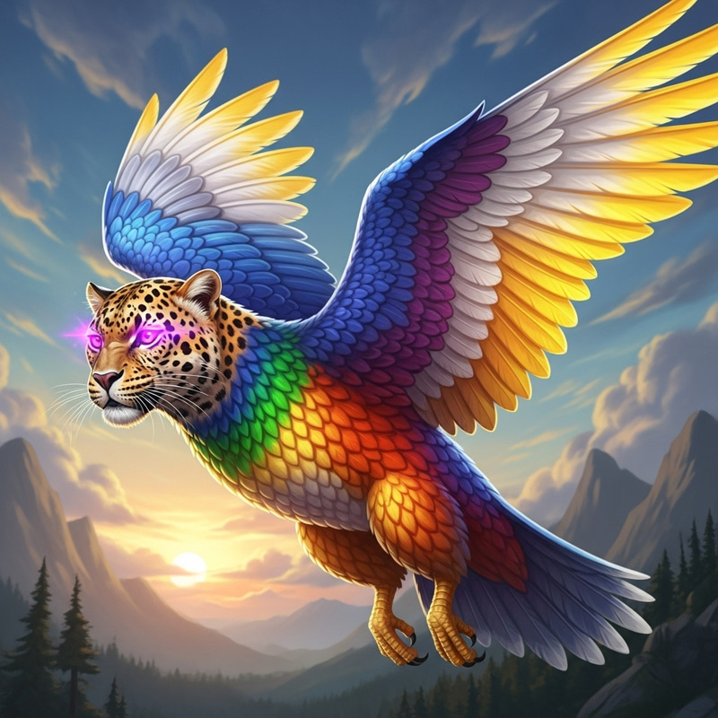 Mythical Leopard-Falcon Beast with Vibrant, Shimmering Wings Mythical Leopard-Falcon Beast with Vibrant, Shimmering Wings