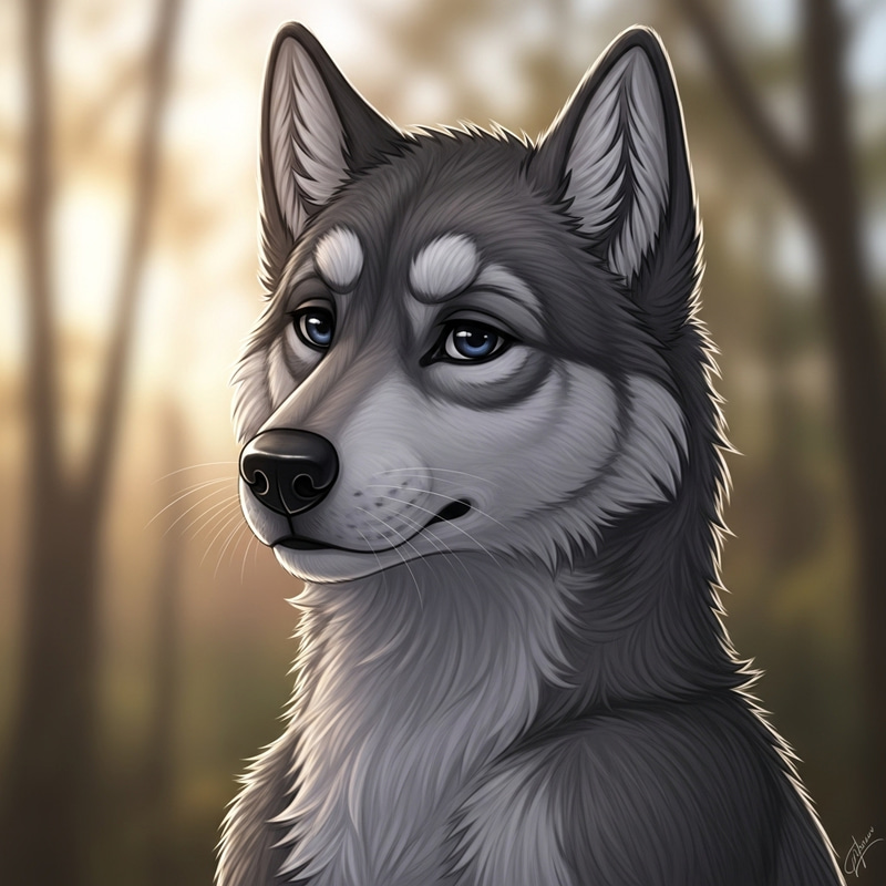 Realistic Gray Canine Artwork with Dark Blue Eyes Realistic Gray Canine Artwork with Dark Blue Eyes