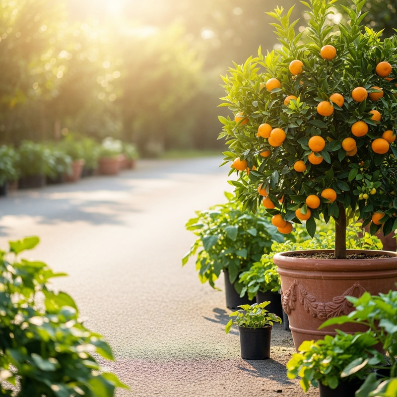 Vibrant Outdoor Scene with Potted Plants and Fruits Vibrant Outdoor Scene with Potted Plants and Fruits