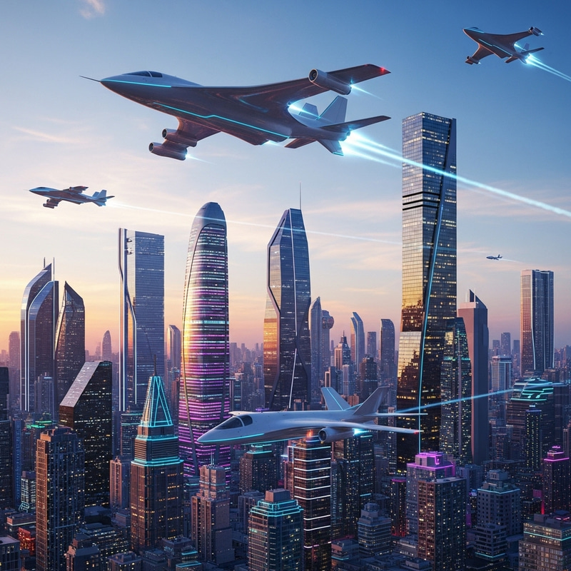 Futuristic Aeroplanes in 3024 Cityscape