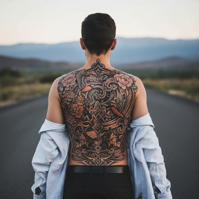 Artistic Nature-Inspired Back Tattoo Design Artistic Nature-Inspired Back Tattoo Design