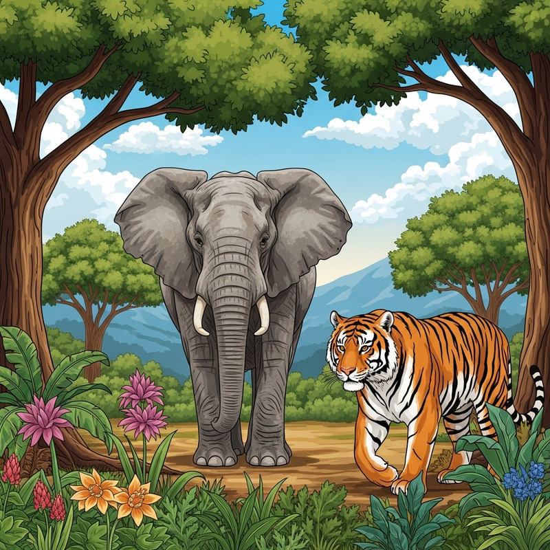 Elephant and Tiger in Wild: Harmony of Nature