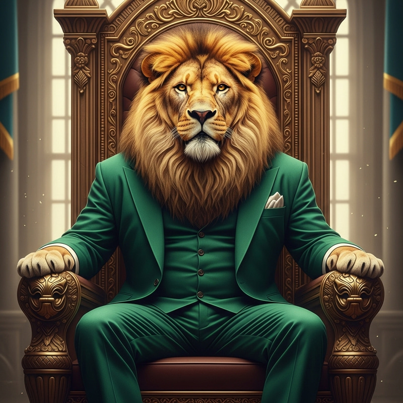 Majestic Lion in Green Suit on Ornate Throne Majestic Lion in Green Suit on Ornate Throne