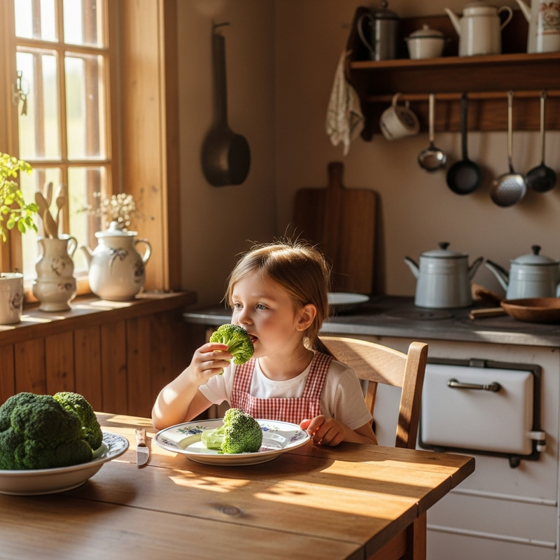 Little Girl Eating Broccoli in Antique Sunlit Kitchen