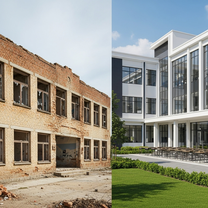 Contrast Between Ruined Public School and Brand New Private School