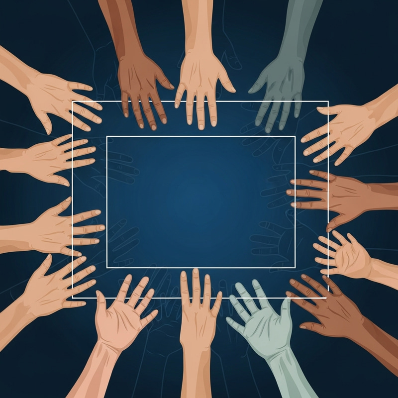 Rectangle Surrounded by Diverse Hands on Blue Background