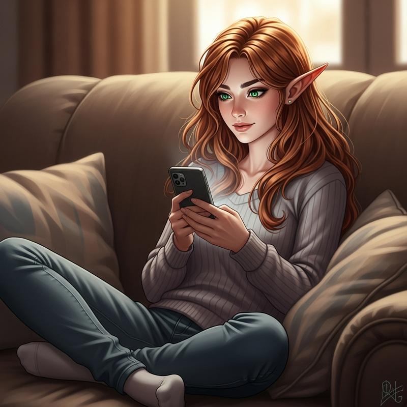 Emerald-Eyed Elf Girl Sitting on Couch | 18-Year-Old Elf Phone Player Emerald-Eyed Elf Girl Sitting on Couch | 18-Year-Old Elf Phone Player