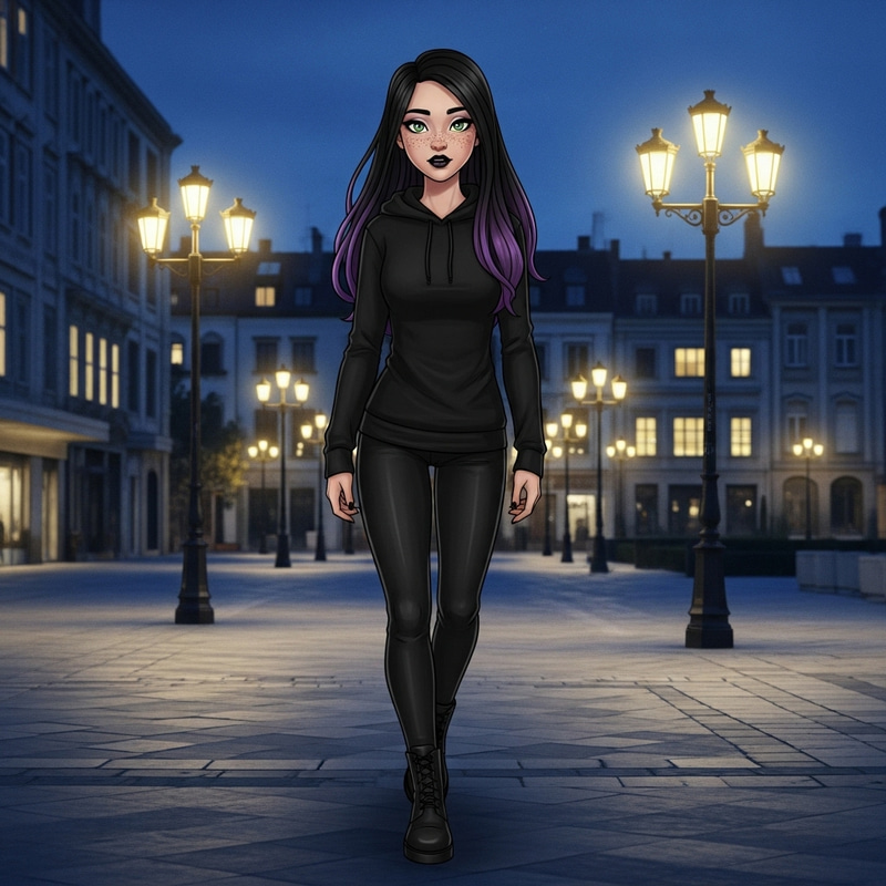 Asian Teen Girl with Long Black Hair and Purple Highlights Walking at Night | Comic Panel