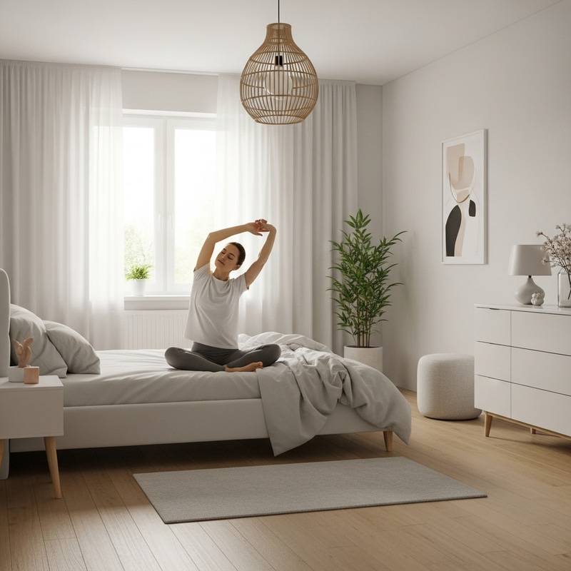 Tranquil Morning: Woman Stretching in Minimalist Bedroom