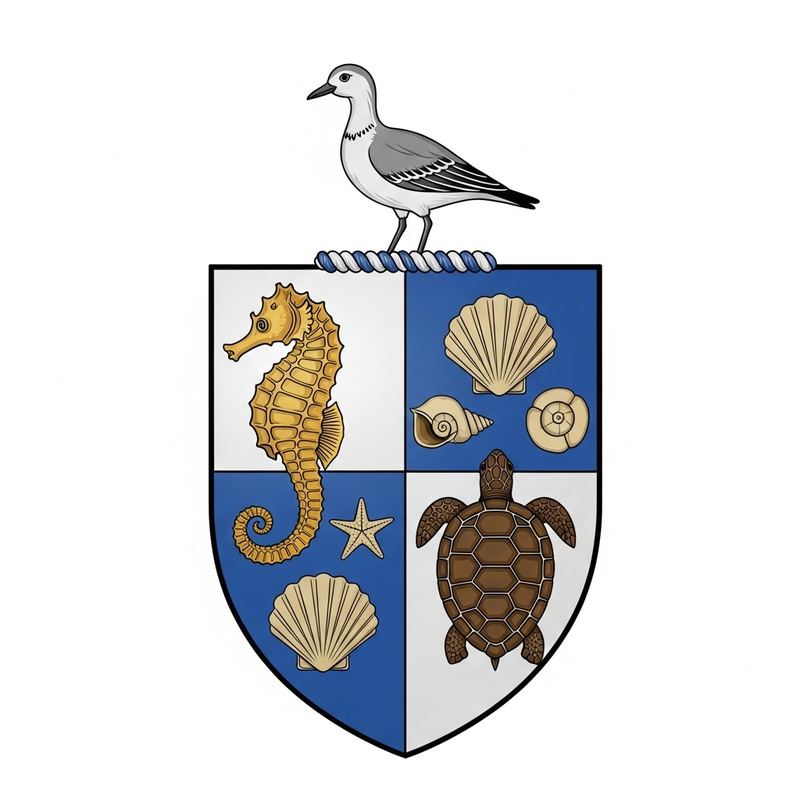 Sea Life Coat of Arms with Seahorse, Turtle, Bird & Shells Sea Life Coat of Arms with Seahorse, Turtle, Bird & Shells