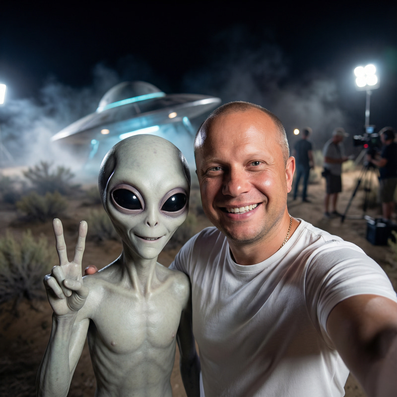 Epic Selfie with a Gray Alien in Roswell Style