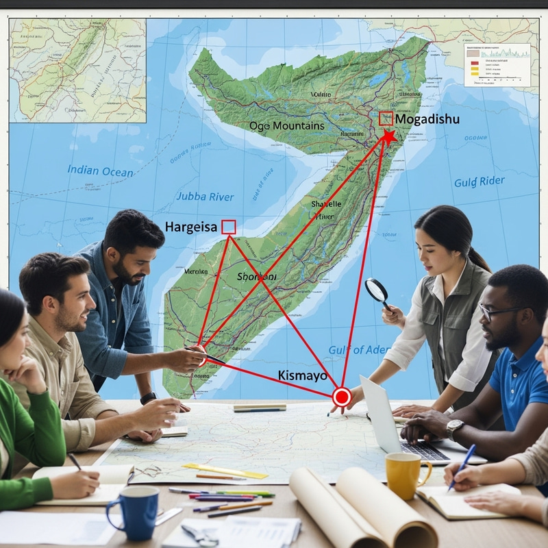 Intricate Map of Somalia with Triangular Connection | Diverse Analysts Studying Intricate Map of Somalia with Triangular Connection | Diverse Analysts Studying