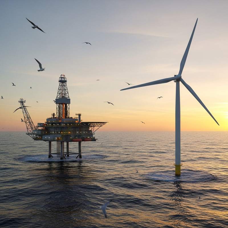 Offshore Oil Platform and Wind Turbine with Seabirds in Sunset Scene Offshore Oil Platform and Wind Turbine with Seabirds in Sunset Scene