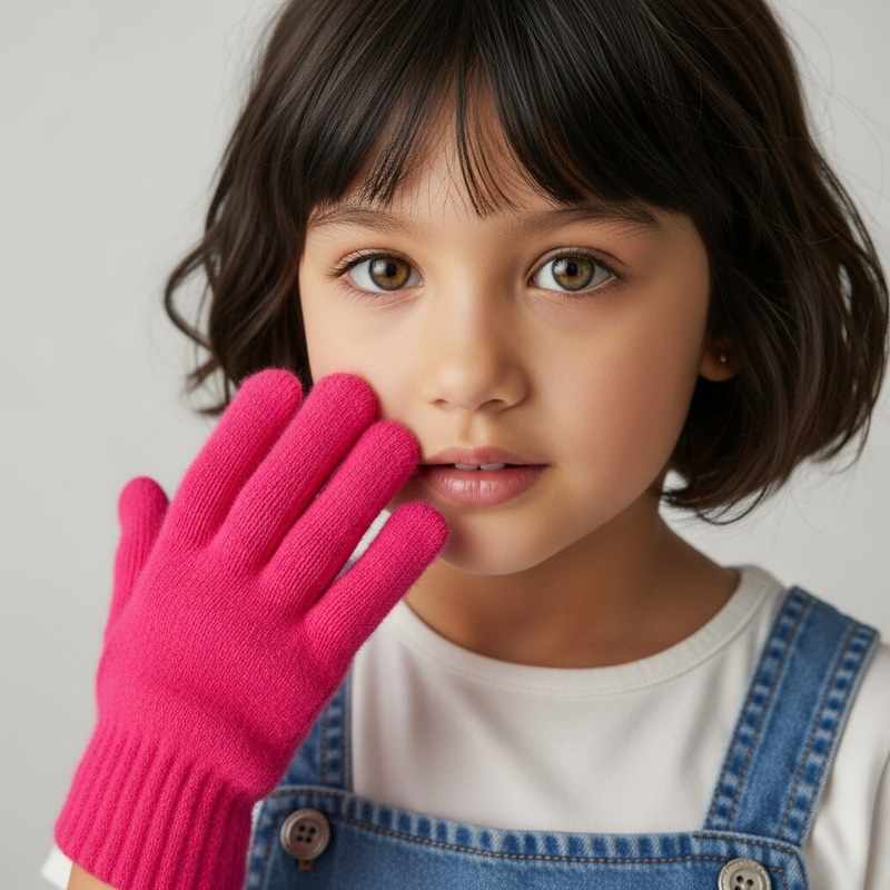 Intriguing Hazel-Eyed Asian Girl in Pink Glove - Captivating Portrait Intriguing Hazel-Eyed Asian Girl in Pink Glove - Captivating Portrait