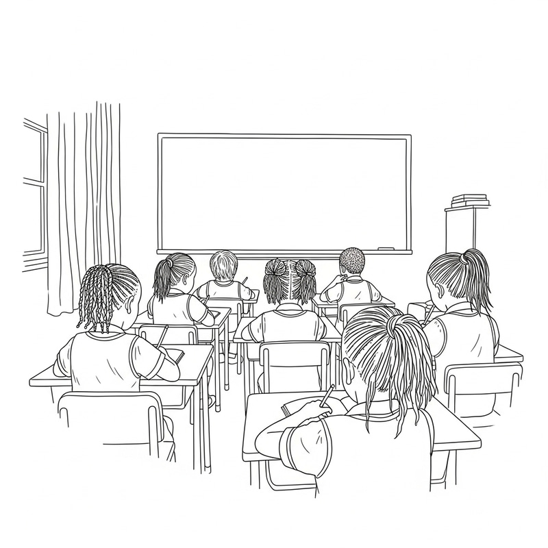 7 Yrs Old African Pupils Classroom Line Drawing