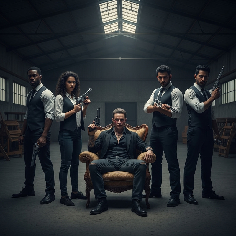 Intense Mobsters Gathering in Dark Warehouse