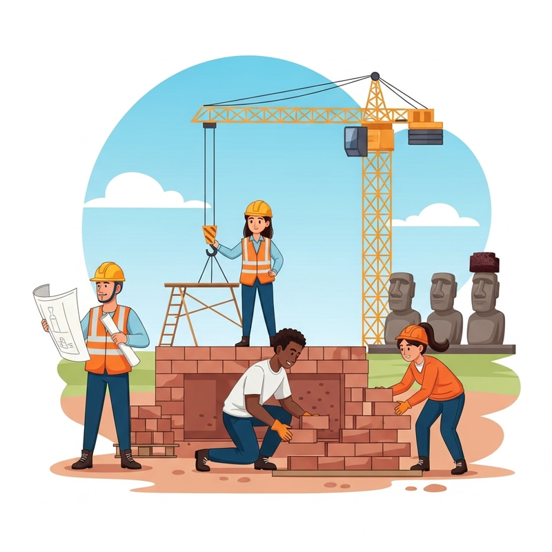 Easter Island Construction: Diverse Team in Moai Statue Setting Easter Island Construction: Diverse Team in Moai Statue Setting