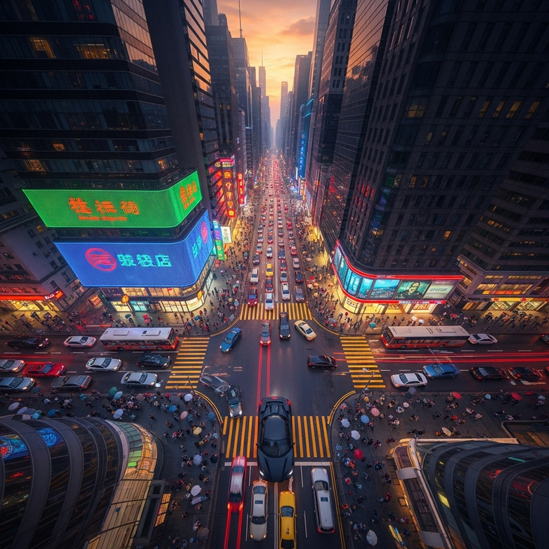 Neon Cityscape at Dusk with Sports Car & Traffic Neon Cityscape at Dusk with Sports Car & Traffic