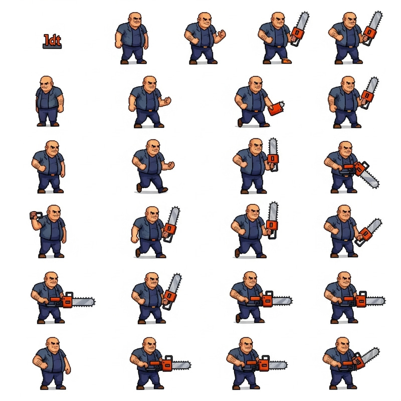 Fat Bald Man Killer with Chainsaw 2D Sprite Sheet Fat Bald Man Killer with Chainsaw 2D Sprite Sheet