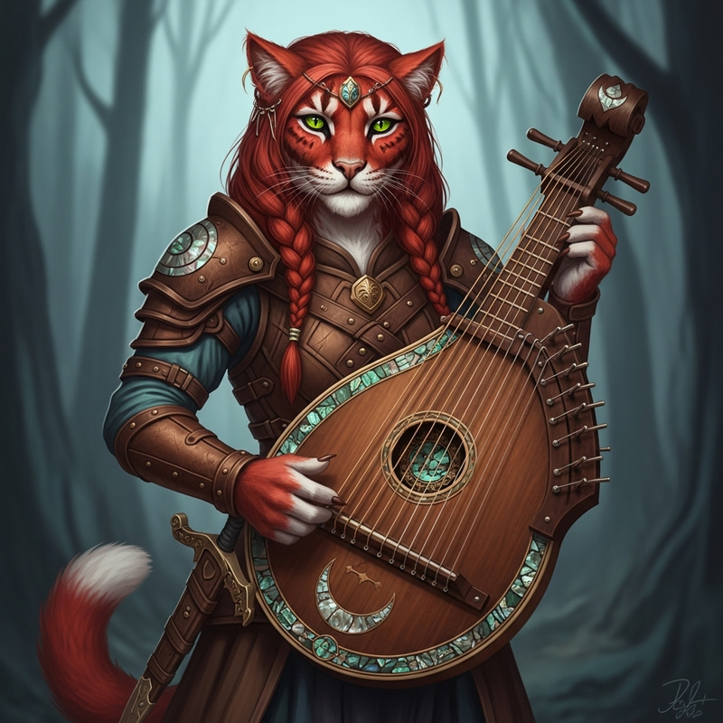 Majestic Tabaxi with Red Fur, Green Eyes & Enchanting Zither Majestic Tabaxi with Red Fur, Green Eyes & Enchanting Zither
