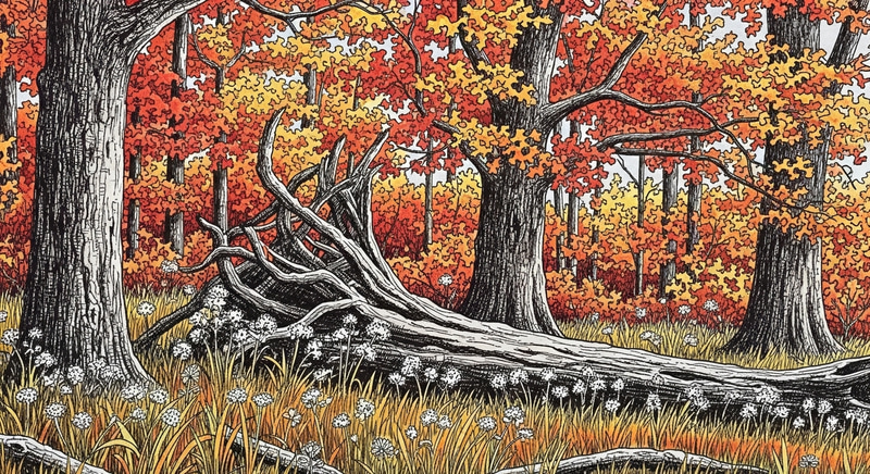 Intricate Ink Drawing of Autumn in Old Oak Grove | Detailed Foliage Art Intricate Ink Drawing of Autumn in Old Oak Grove | Detailed Foliage Art