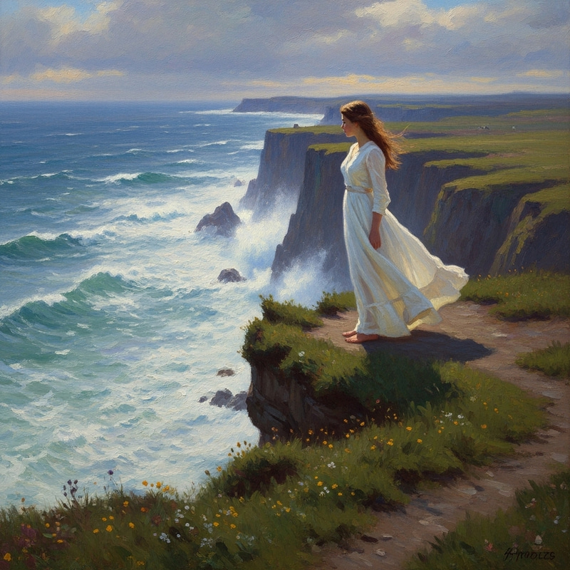 Capturing the Raw Power of Nature: Young Woman on Cliff with Flowing White Dress | Impressionist Style