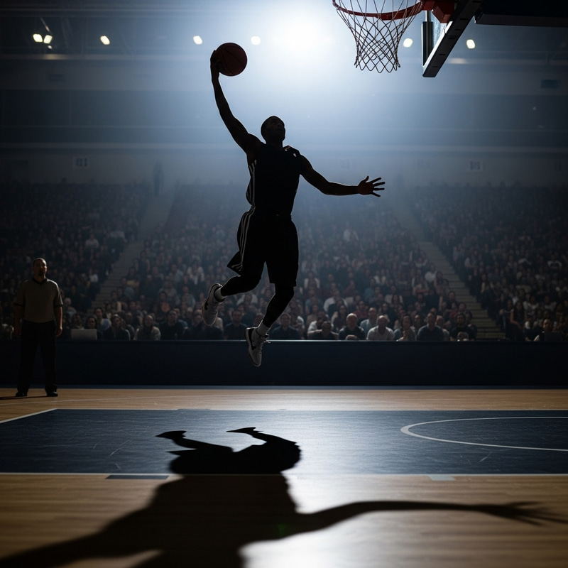 Dynamic Basketball Player Silhouette Layup Shot - Intense Action Image Dynamic Basketball Player Silhouette Layup Shot - Intense Action Image