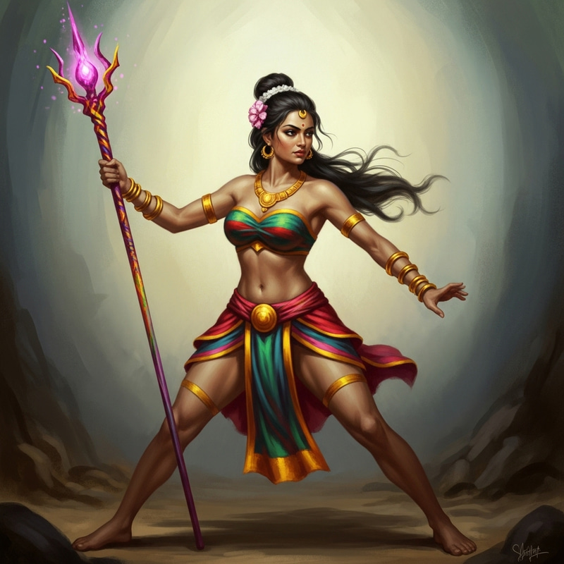 Powerful South Asian Female Warrior with Mystical Staff and Vibrant Colors Powerful South Asian Female Warrior with Mystical Staff and Vibrant Colors
