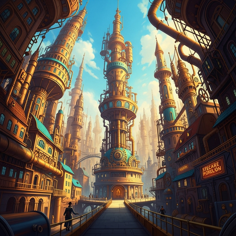 Surreal Steampunk Cityscape: Vibrant Colors, Grandeur Views