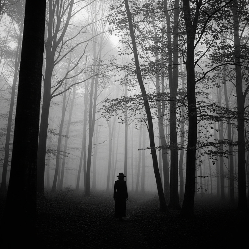 Enigmatic Individual in Mist-Enveloped Forest | Grayscale Noir Photography Enigmatic Individual in Mist-Enveloped Forest | Grayscale Noir Photography