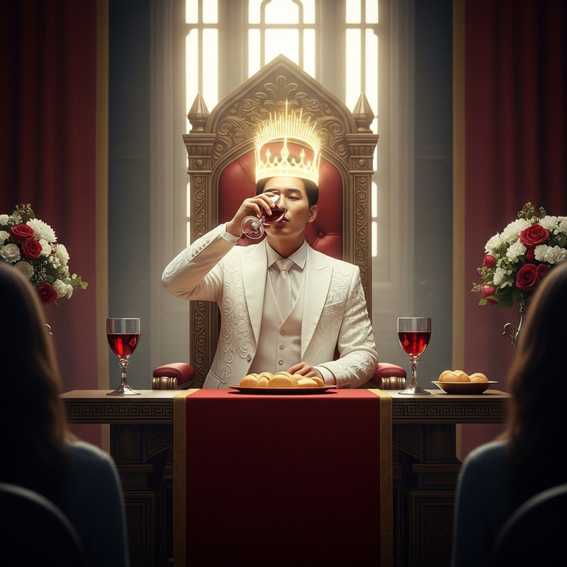 Regal Throne Room in New Jerusalem: Luminous Asian Man Communion Scene