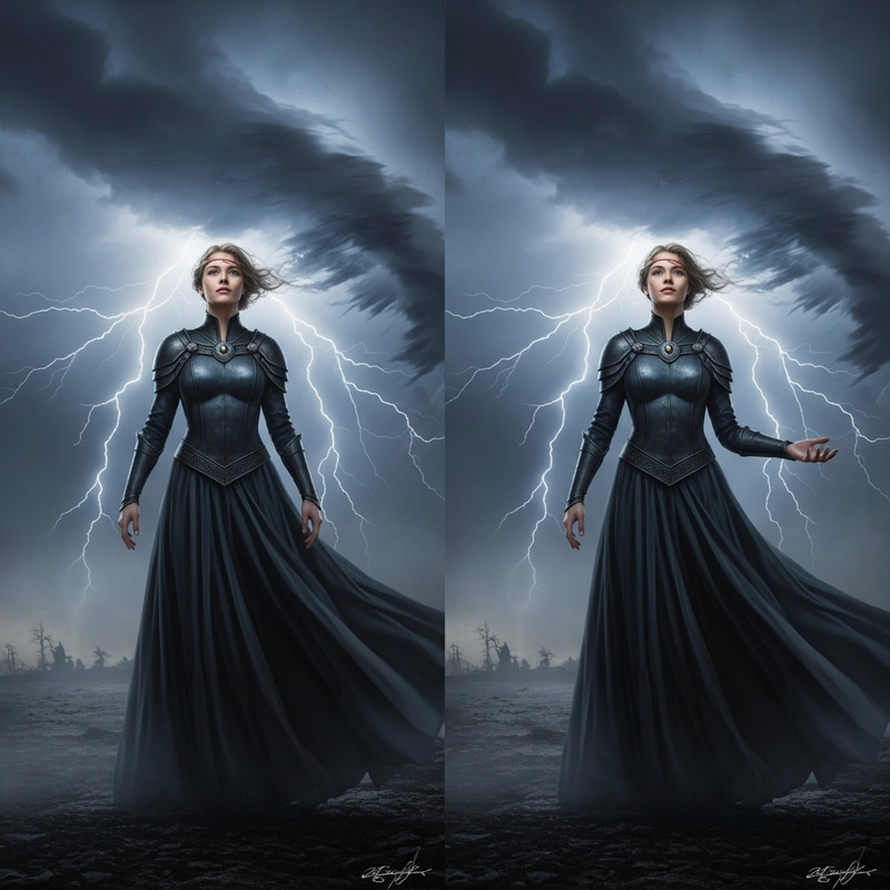 Noble Woman Embracing Transformation Amidst Wind and Thunder