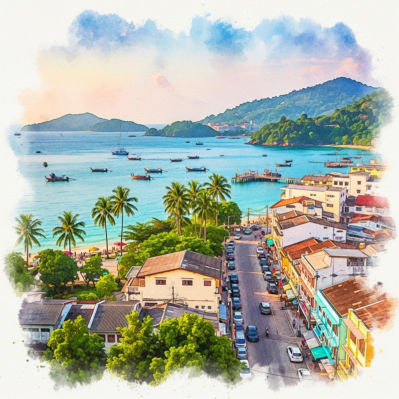 Phuket Watercolor Painting: Serene Sea, Long-tail Boats & Colorful Streets Phuket Watercolor Painting: Serene Sea, Long-tail Boats & Colorful Streets