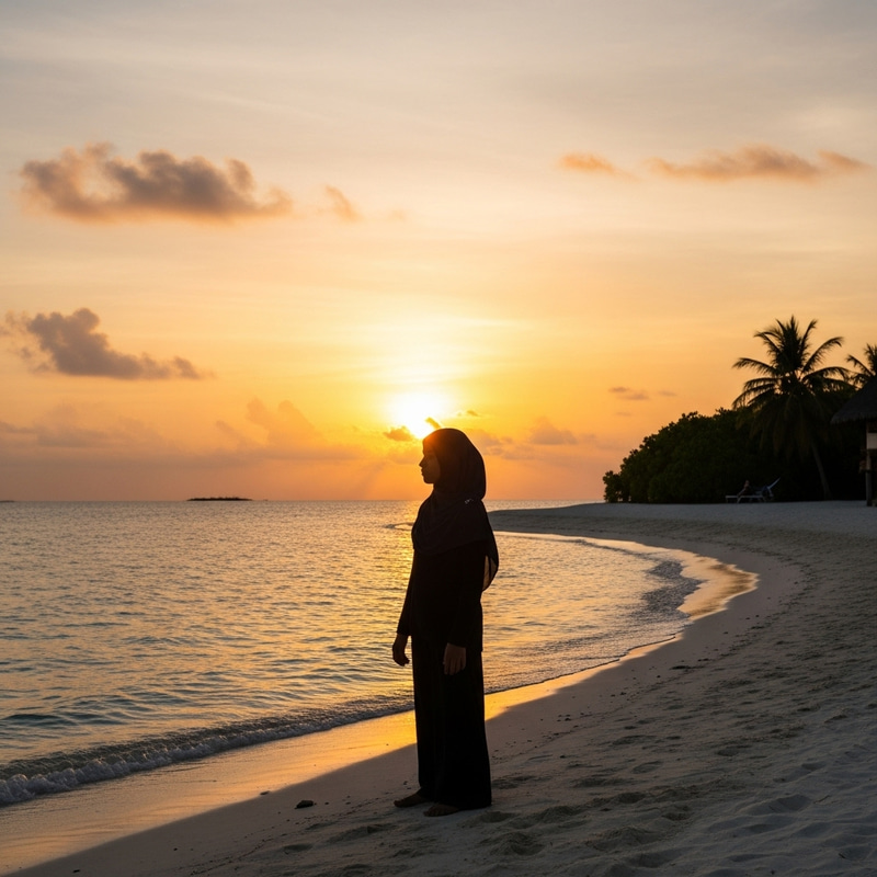 Serene Sunset Moment: Young Girl in Hijab on Maldives Beach Serene Sunset Moment: Young Girl in Hijab on Maldives Beach