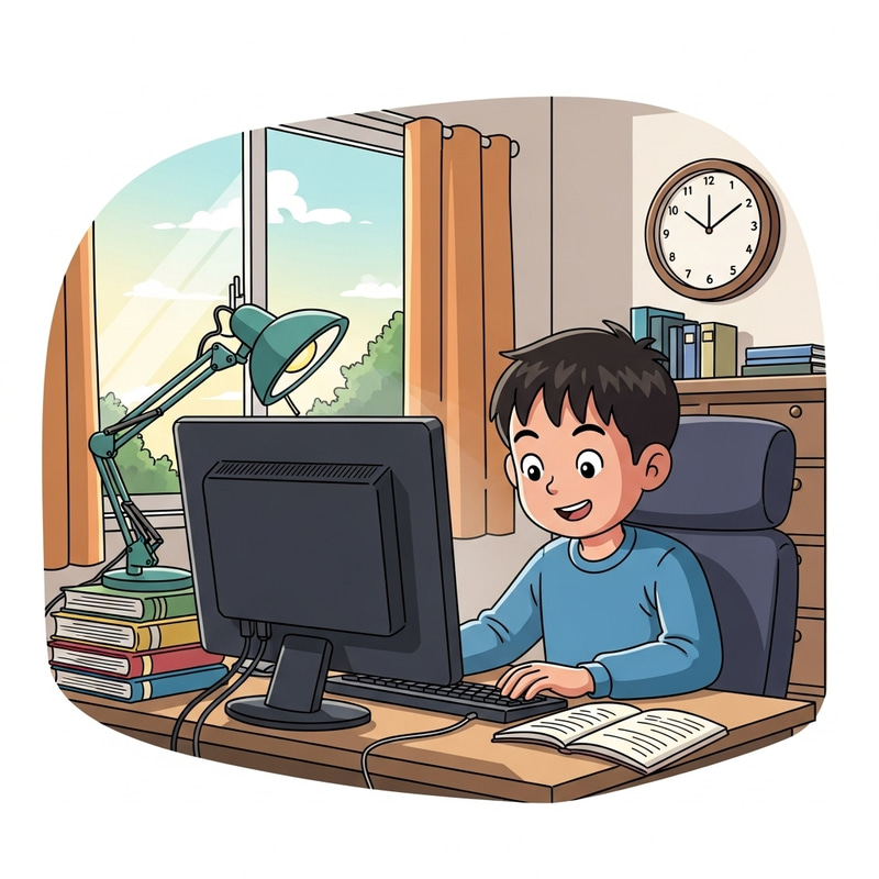 Young East Asian Boy Deeply Engrossed in Learning on Computer Young East Asian Boy Deeply Engrossed in Learning on Computer