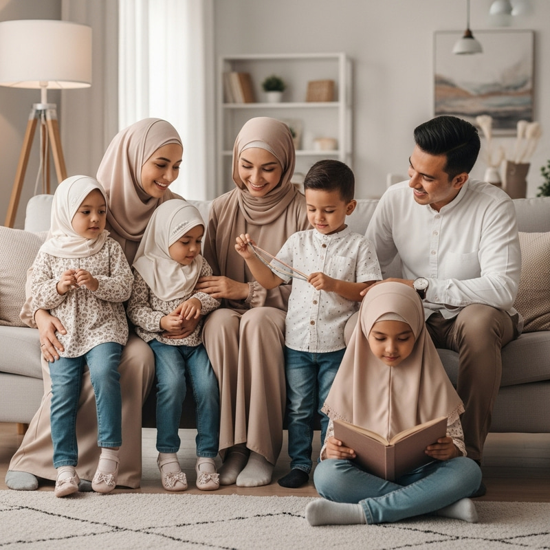 Moslem Family with Twin Daughters, Boy and Girl | Loving Home Scene Moslem Family with Twin Daughters, Boy and Girl | Loving Home Scene