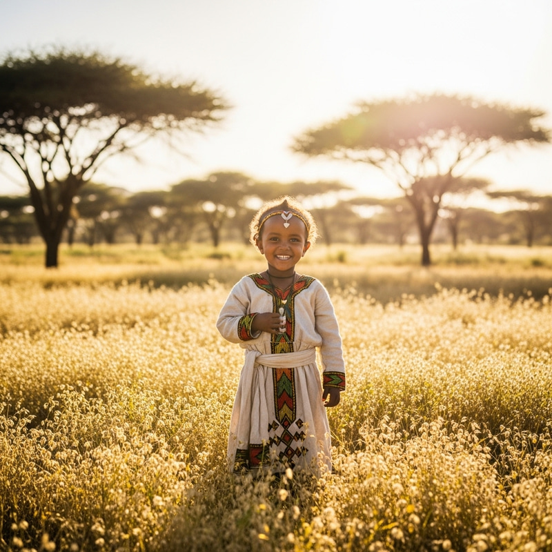 Ethiopian Kid in Traditional Clothing Smiling in Teff Field Ethiopian Kid in Traditional Clothing Smiling in Teff Field