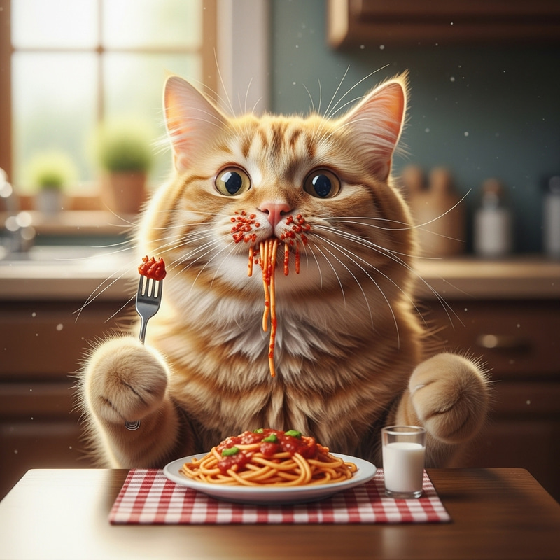 Cat Eating Spaghetti - Funny Feline Spaghetti Noodles