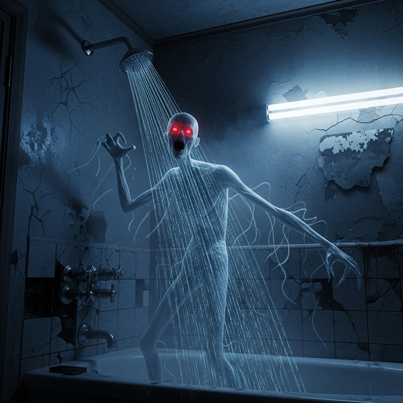 Eerie Bathroom Scene with Terrifying Apparition