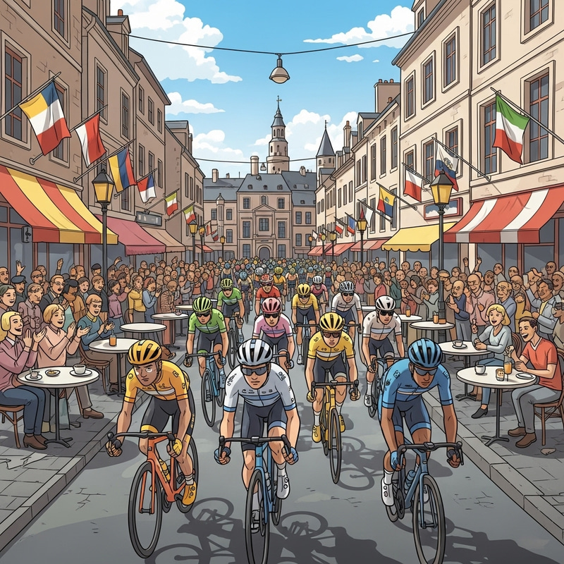 Vibrant Tour de France Stage in a Charming City with Diverse Cyclists Vibrant Tour de France Stage in a Charming City with Diverse Cyclists